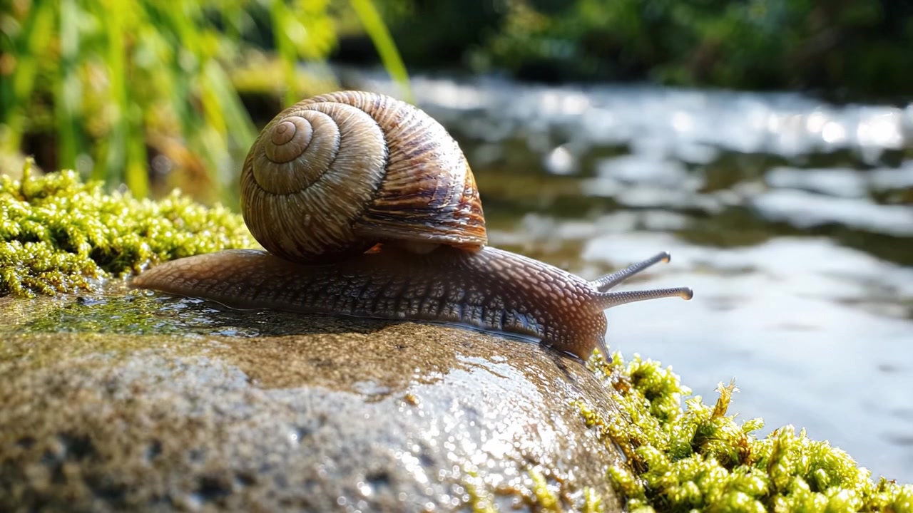 A Close-Up Encounter with a Snail Crawling Along a Mossy Riverbank, Capturing the Beauty of Nature's Small Creatures in Their Habitat