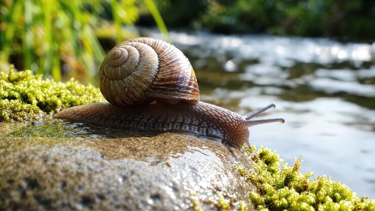 A Close-Up Encounter with a Snail Crawling Along a Mossy Riverbank, Capturing the Beauty of Nature's Small Creatures in Their Habitat