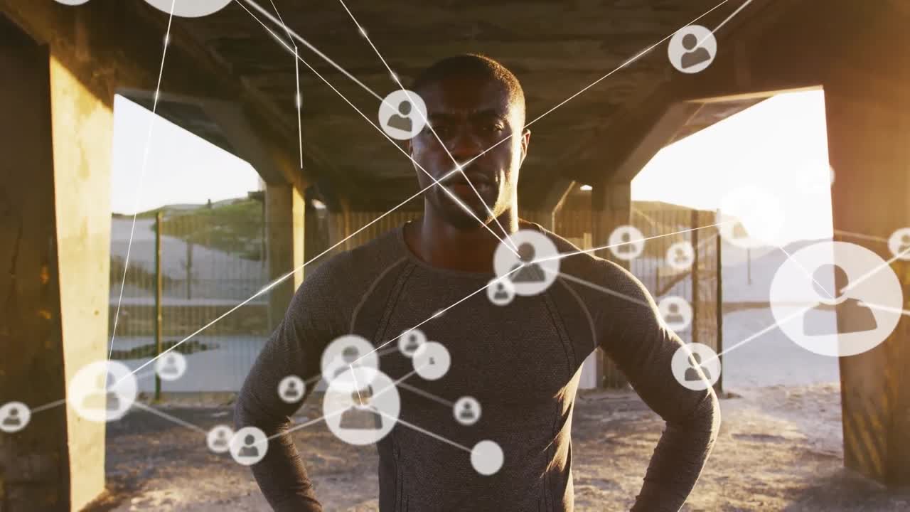 Animation of network of connections over an exercising african american man
