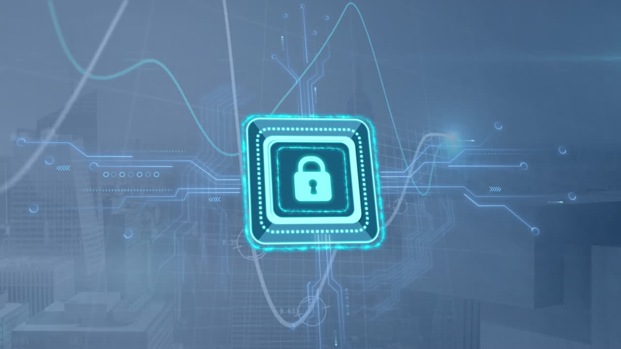 Animation of network of connections over padlock and cityscape
