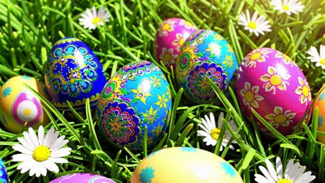 huevos de pascua coloridos en la hierba con flores