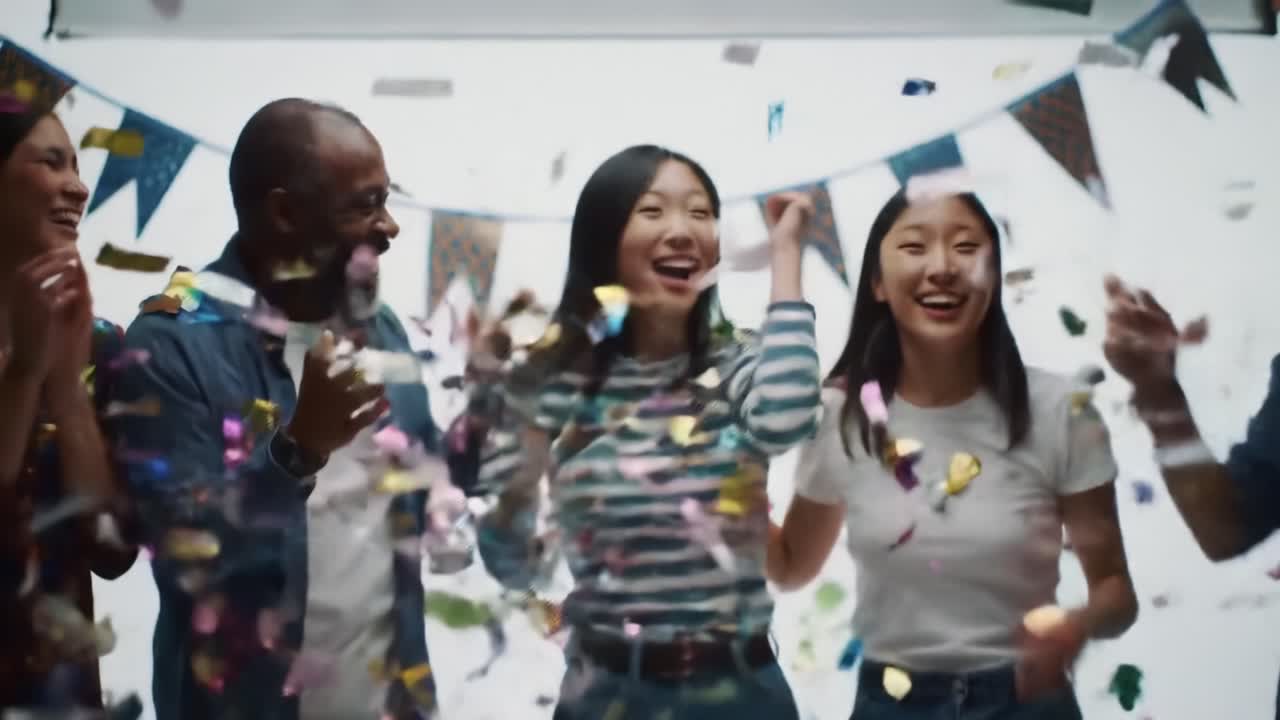 Joyful Celebration With Friends Surrounded by Colorful Confetti at a Festive Gathering