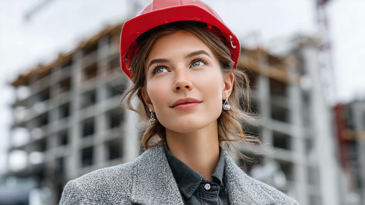 A Confident Woman in a Hard Hat Gazes Thoughtfully at the Construction Site, Embodying Strength, Dedication, and Professionalism in the Urban Landscape