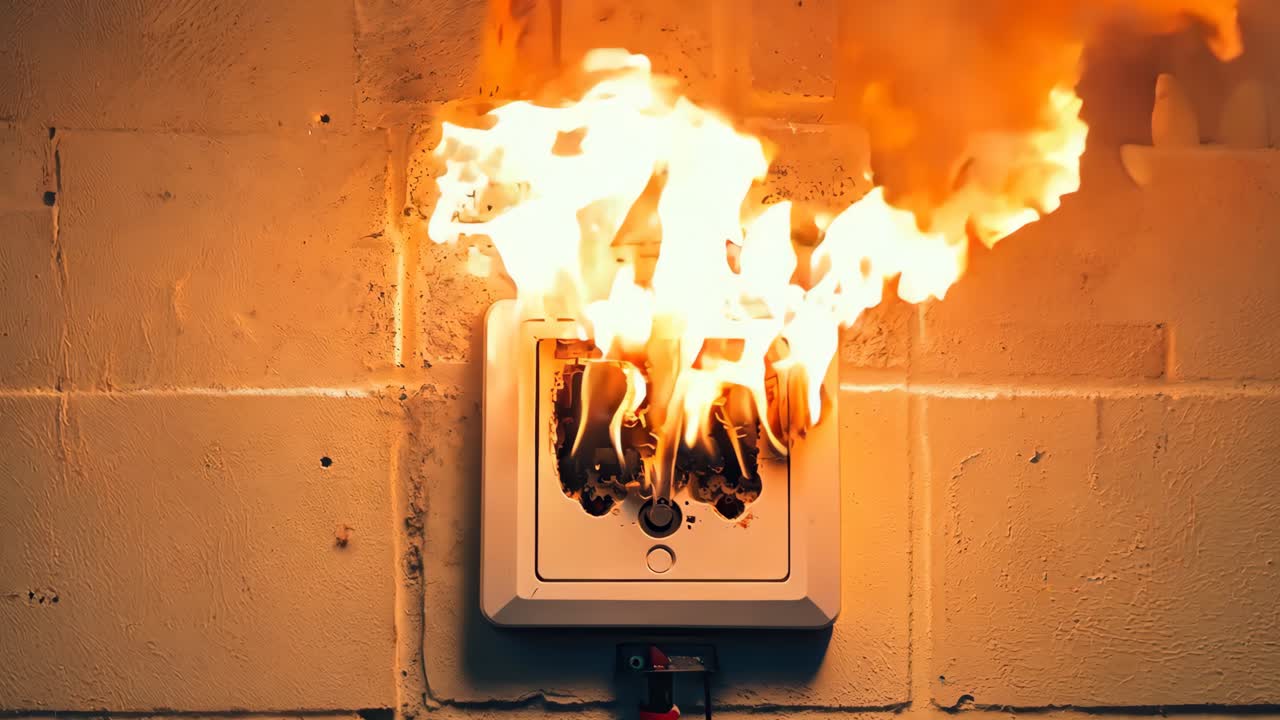 un fuego está ardiendo en una toma de electricidad en una pared de ladrillo