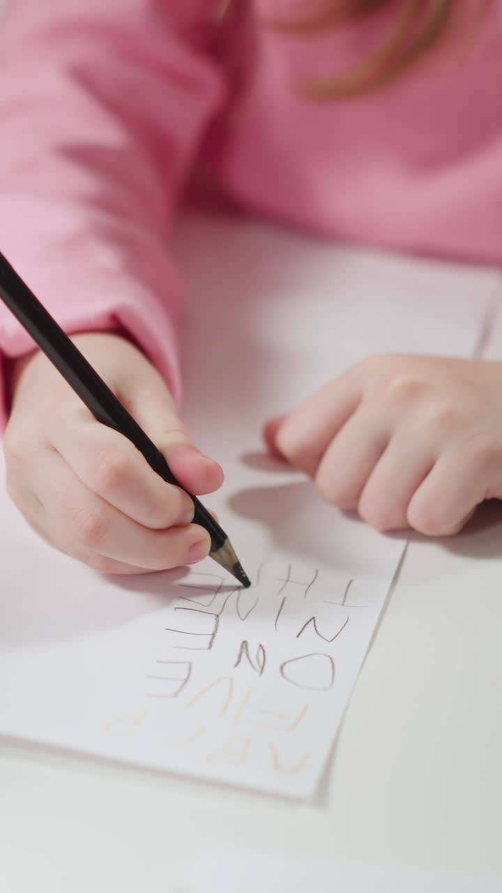 Black English teacher native speaker holds card and little schoolgirl writes digit name on paper at private lesson closeup slow motion
