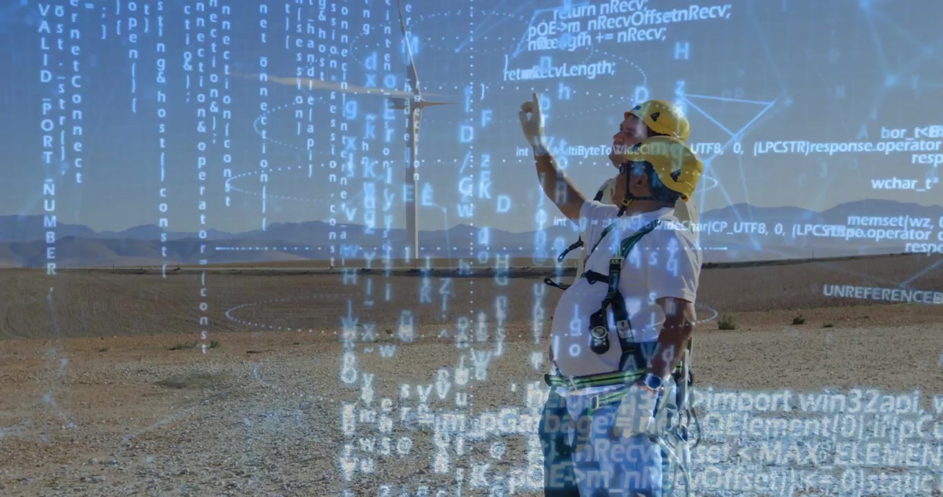 Lead technician pointing at turbine and starting AR diagnostics overlaying code across technicians