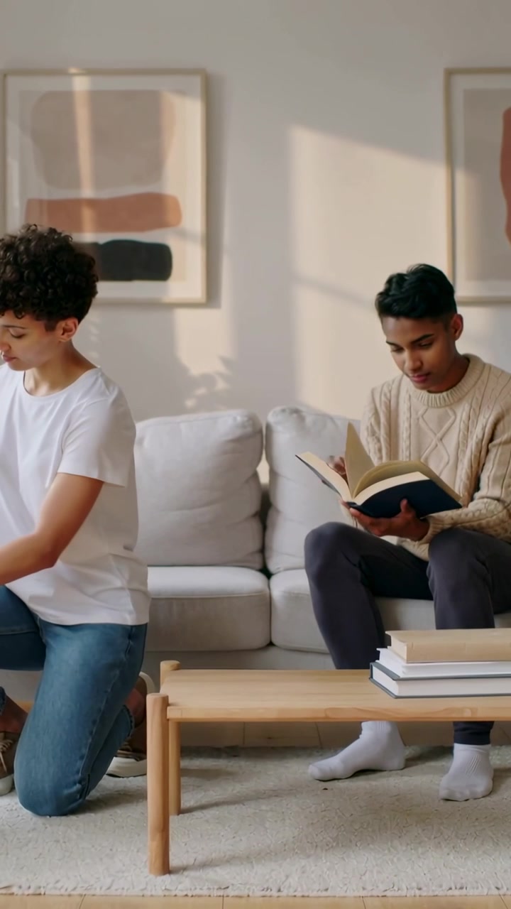 Vertical video: Opening hardcover book seated teen reading on sofa as kneeling friend sorting books