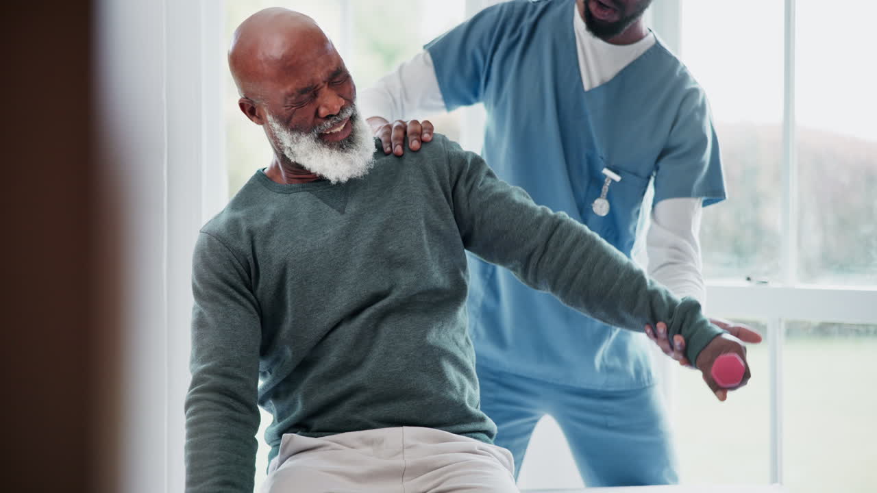 Nurse, dumbbells and physiotherapy of elderly