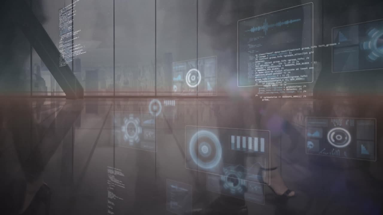 animación de escáneres escaneando sobre una oficina ocupada