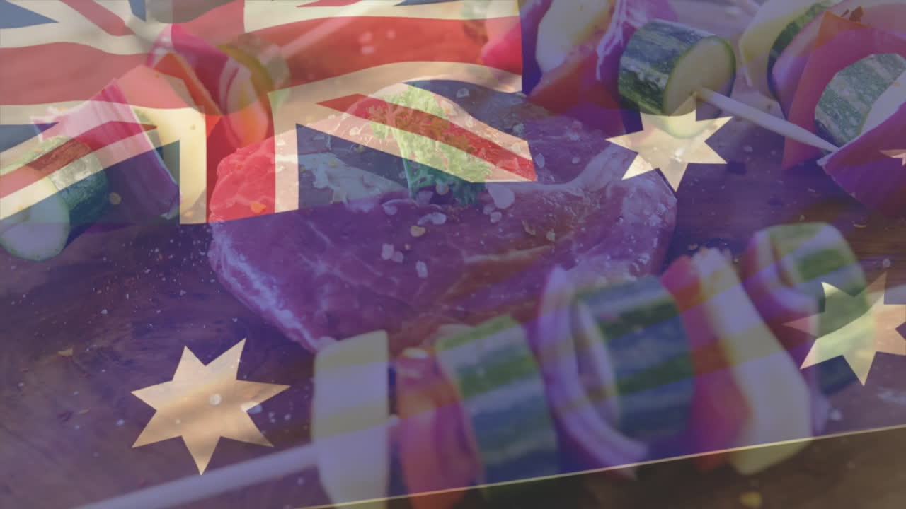 Grilling steak and skewers with Australian flag overlay in barbecue animation