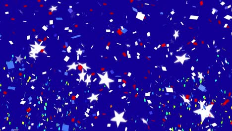 animation of white, blue and red confetti falling with white american flag stars on blue background