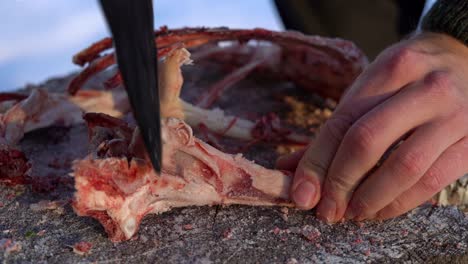 axe-chopping deer carcass bones up close, winter slow-motion