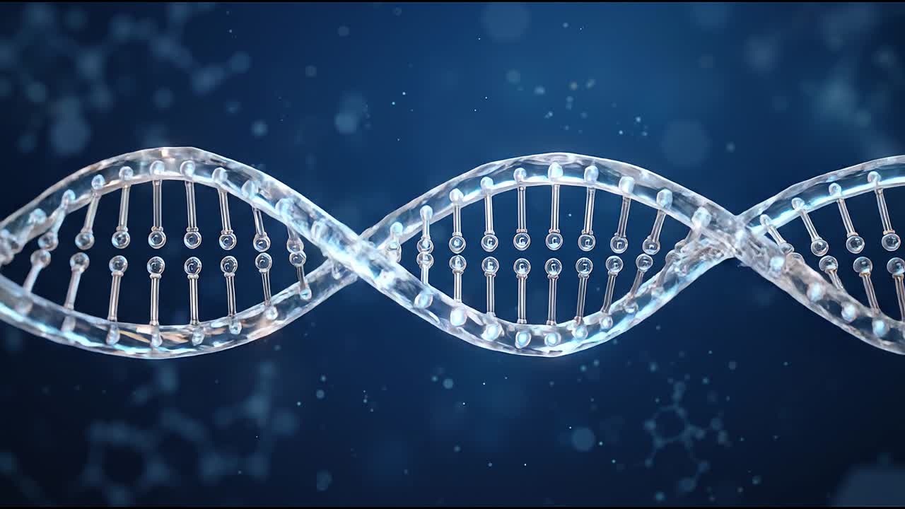 Struttura a doppia elica del DNA in rotazione in un ambiente scientifico astratto che rappresenta il concetto di genetica e biologia molecolare
