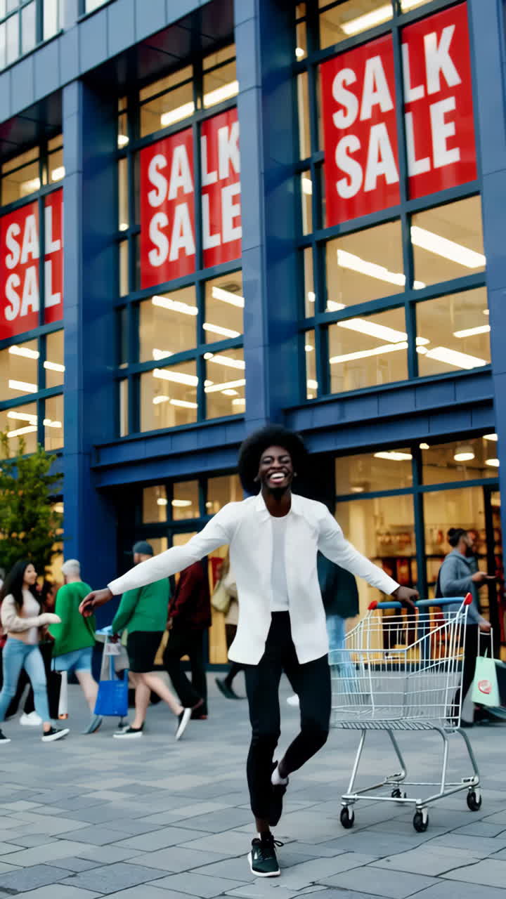 Joyful Man Jumps with Shopping Cart in Front of Sale Store