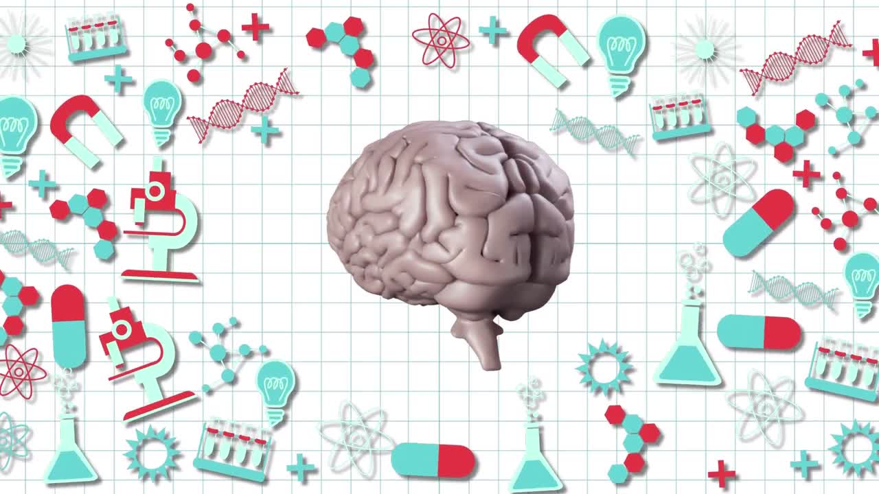 Spinning brain against science concept icons on white background