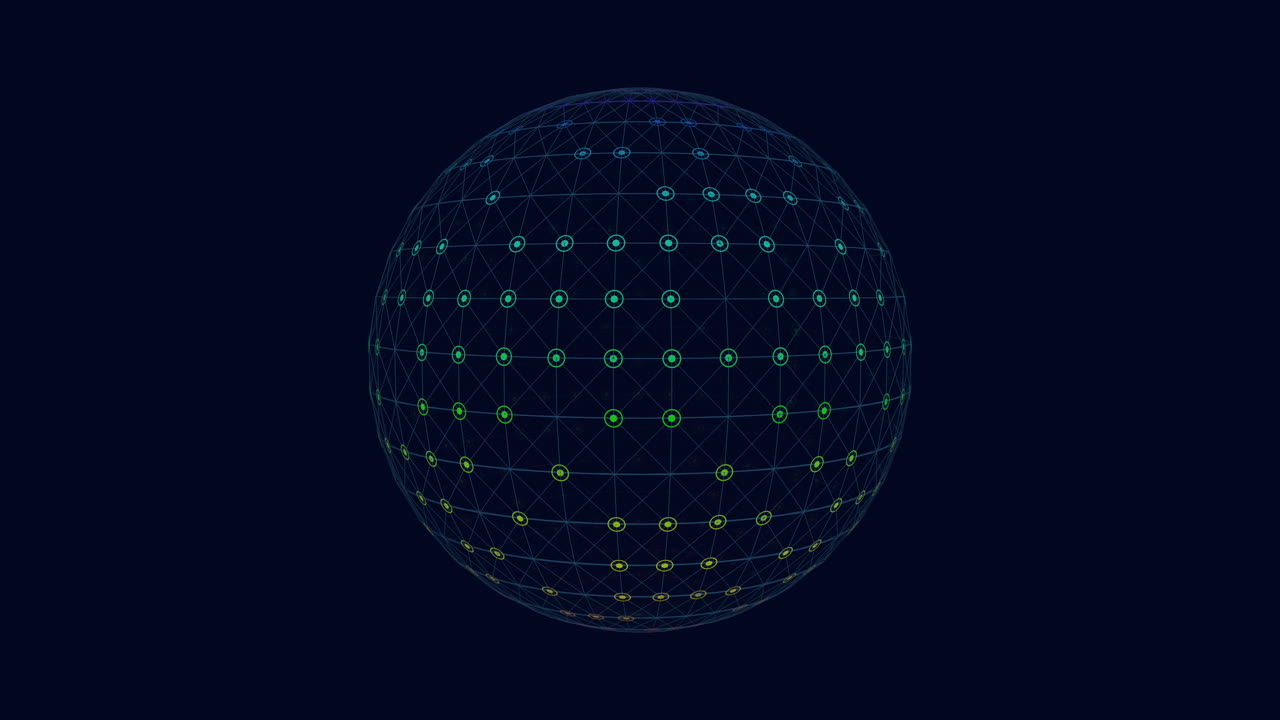 Futuristic and abstract sphere from rainbow dots and lines on black space