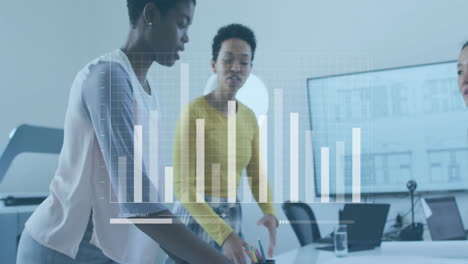 Business data analysis animation over diverse colleagues working in modern office