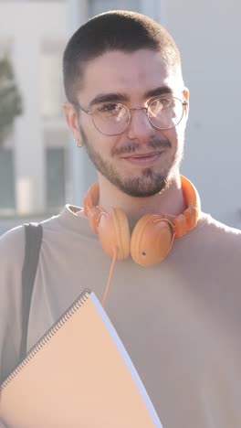 focus on a caucasian student talking with a friend outside the university