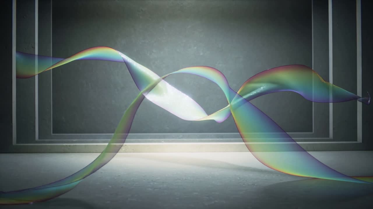 Entering opposite edges, translucent ribbons twisting, overlapping in studio, forming central glow