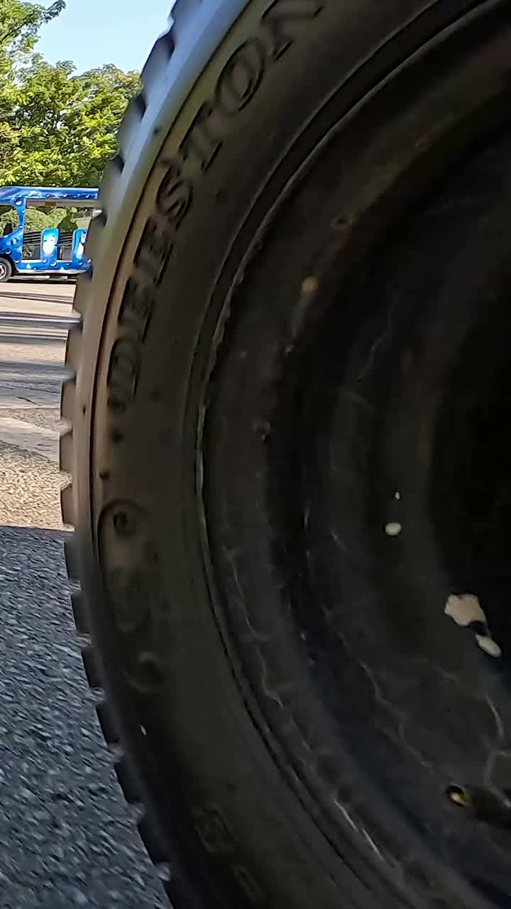 una rueda se mueve a lo largo de una carretera de parque soleado