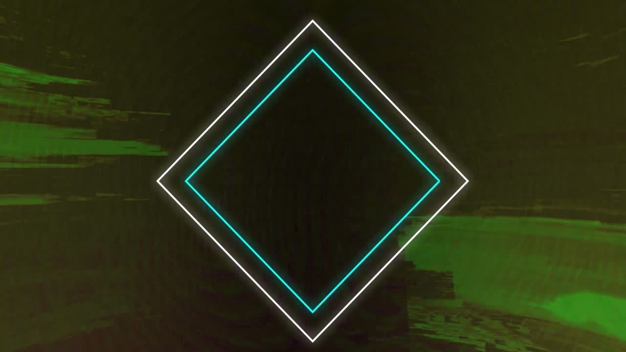Animation of glowing geometric shapes with green glitch effects on dark background
