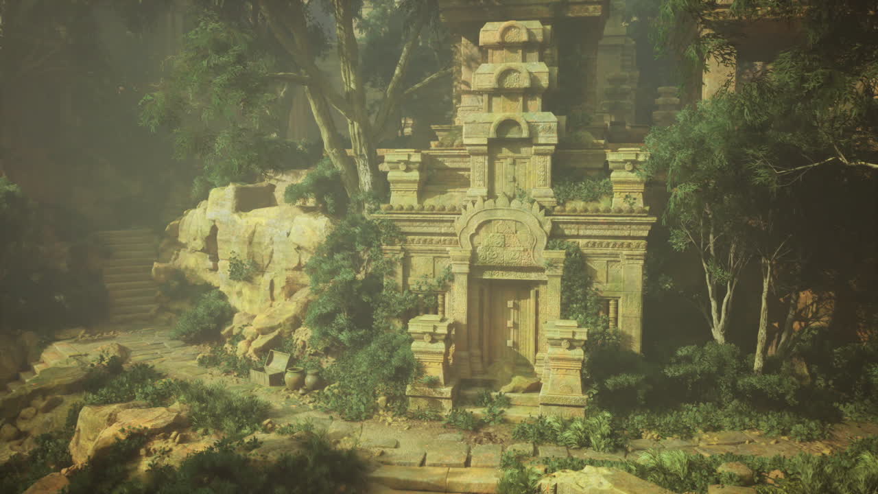 Tempio misterioso invaso dalla vegetazione che rivela statue fatiscenti e scale in pietra