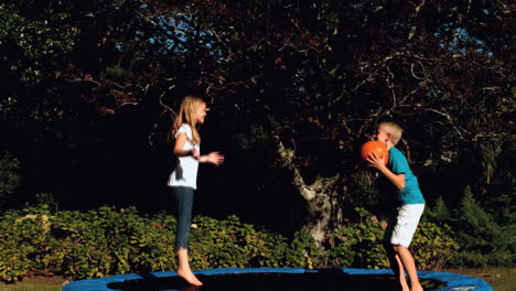 Fröhliche-Geschwister-Haben-Spaß-Mit-Einem-Basketball-Auf-Einem-Trampolin