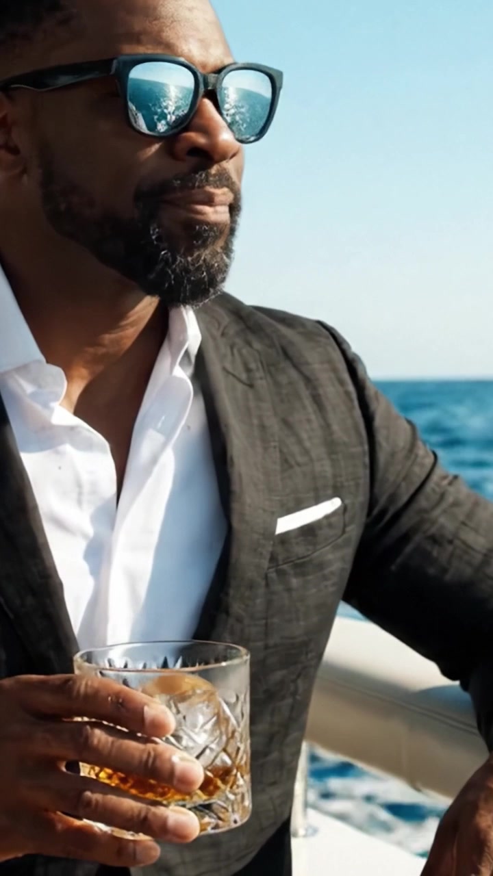 Relajándose junto al mar: Un hombre elegante disfruta de una bebida en un yate, abrazando el lujo y la serenidad en un vibrante entorno oceánico.