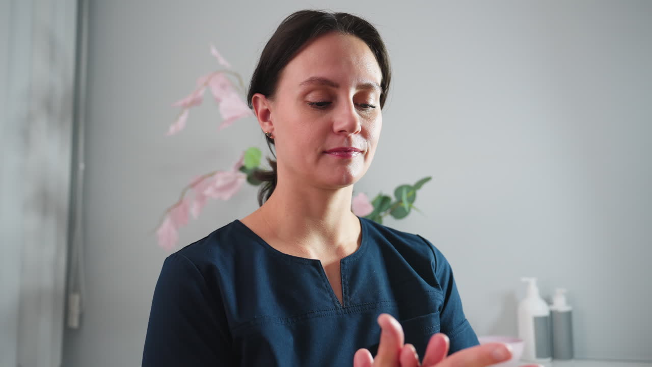 Portrait of skin care specialist gently rubbing hands after facial treatment while smiling in serene spa environment with soft natural light pastel flowers skincare products behind
