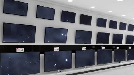 Animation-of-rows-of-television-sets-with-glowing-spots-on-blue-screens-in-store