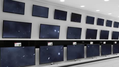 animación de filas de aparatos de televisión con puntos brillantes en pantallas azules en la tienda