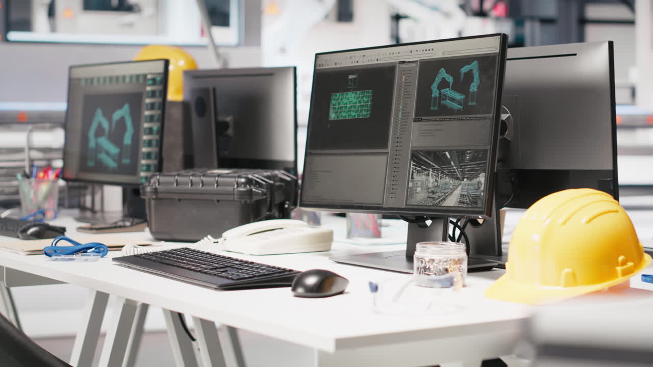 Vertical Video PC on desk in empty photovoltaics factory used for data analysis
