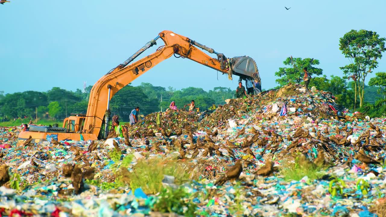 View Of A Backhoe Machinery Working On Garbage Dump Landfill. Static Shot