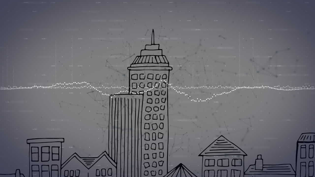 Animation of data processing over cityscape