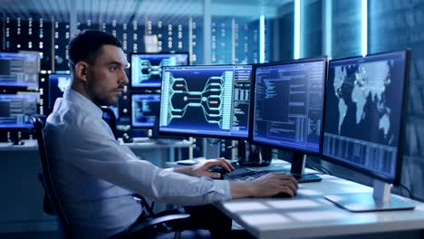 system security specialist workis at system control center. room is full of screens displaying various information. he shares his opinions with colleagues.