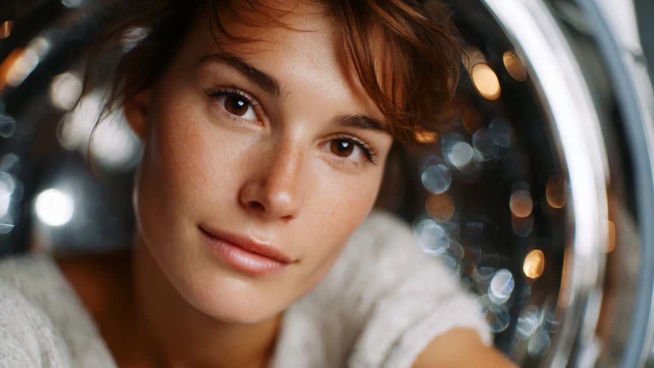 Captivating Portrait of a Young Woman with a Warm Smile Surrounded by a Glimmering Background, Showcasing Natural Beauty and Radiance in a Soft and Inviting Atmosphere