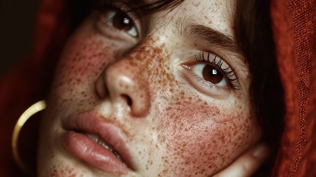 A Captivating Portrait of a Young Woman with Freckles, Expressing a Range of Emotions in Soft Light, Captured in Two Frames Showcasing Her Intensity and Beauty