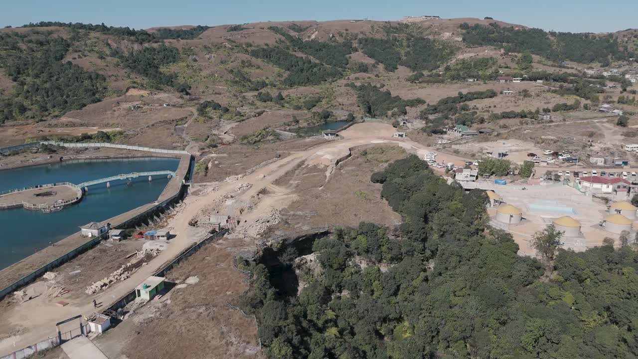 Aerial view of the new Ka Krem Ba Dang Thymmai cave park and resort under construction in the hills of Meghalaya, India