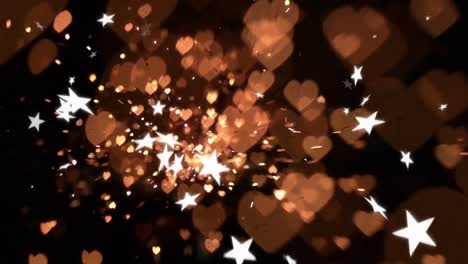 Animation-of-white-stars-falling-with-orange-hearts-over-black-background