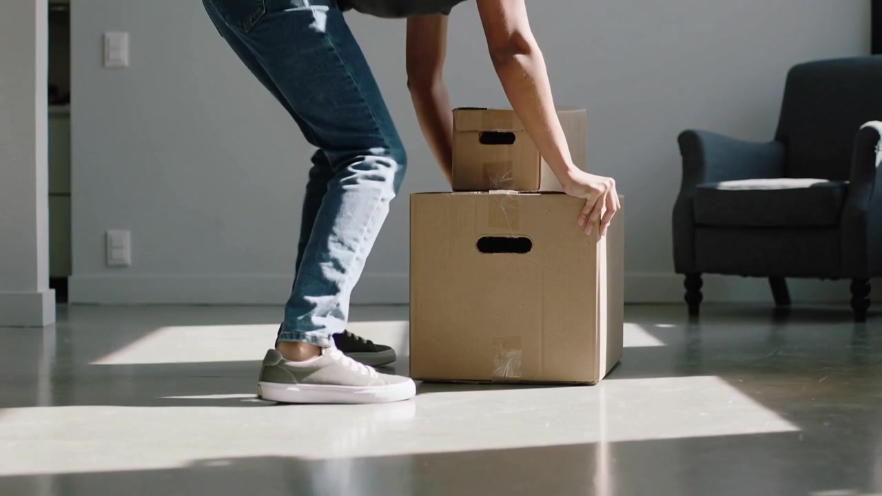 Walking man placing cardboard box onto box at home, wearing jeans and gray shirt, stabilizing stack