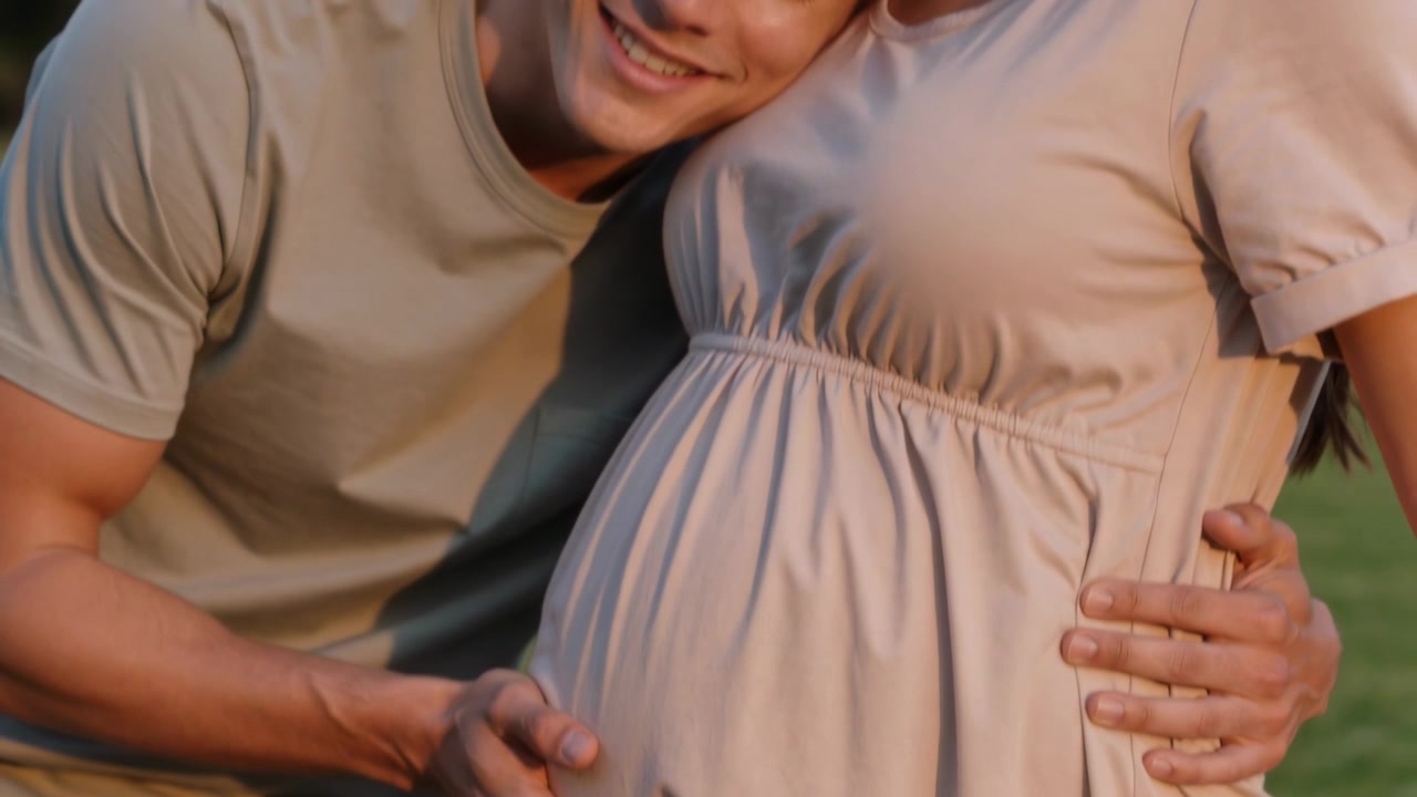 Placing hands on belly, man protecting pregnant woman in park, woman in maternity dress by fence