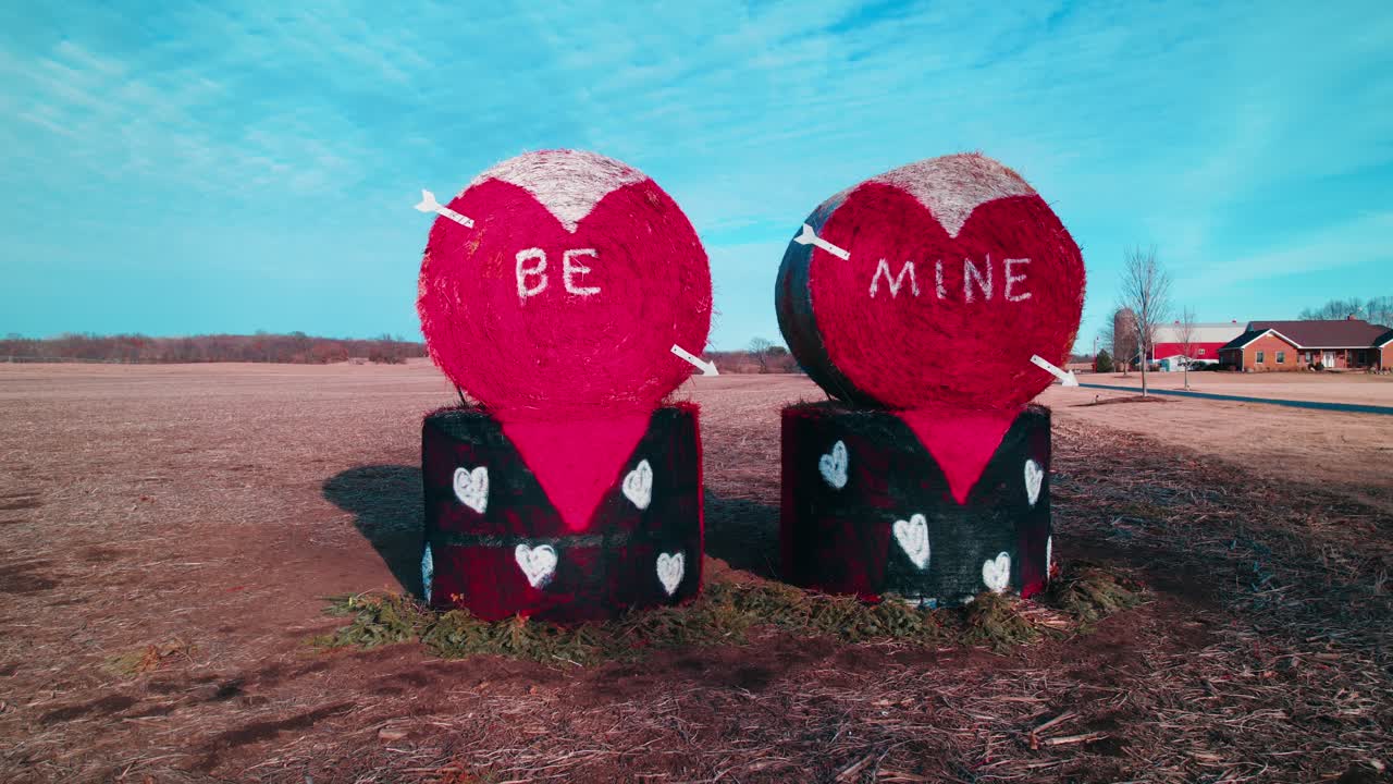 Whimsical Valentine's Hay Bale Art in Countryside. Illinois - USA