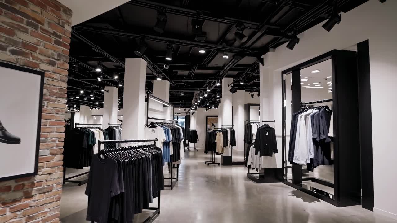 Wide-angle video shot of a modern clothing store interior, featuring industrial brick walls, sleek
