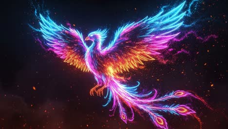 a vibrant phoenix takes flight, radiating energy and color against a dark background, symbolizing rebirth and transformation in stunning neon hues