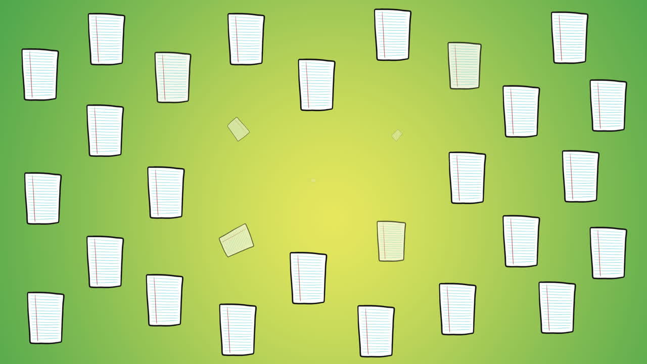 animación digital de múltiples iconos de lápiz y papel contra un fondo de degradado verde