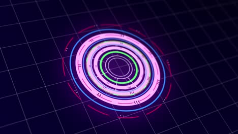 hud motion graphic made in after effects showing a round spaceship looking creation on a dark blue background with grid