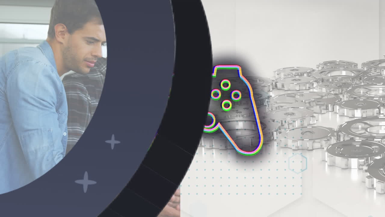 Animation of grey shape and gaming pad over caucasian men