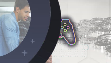 animation of grey shape and gaming pad over caucasian men