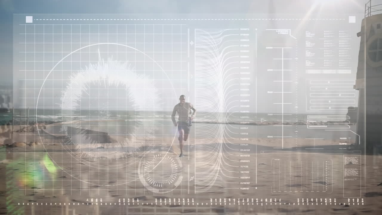 Animation of data processing over fit man running at beach