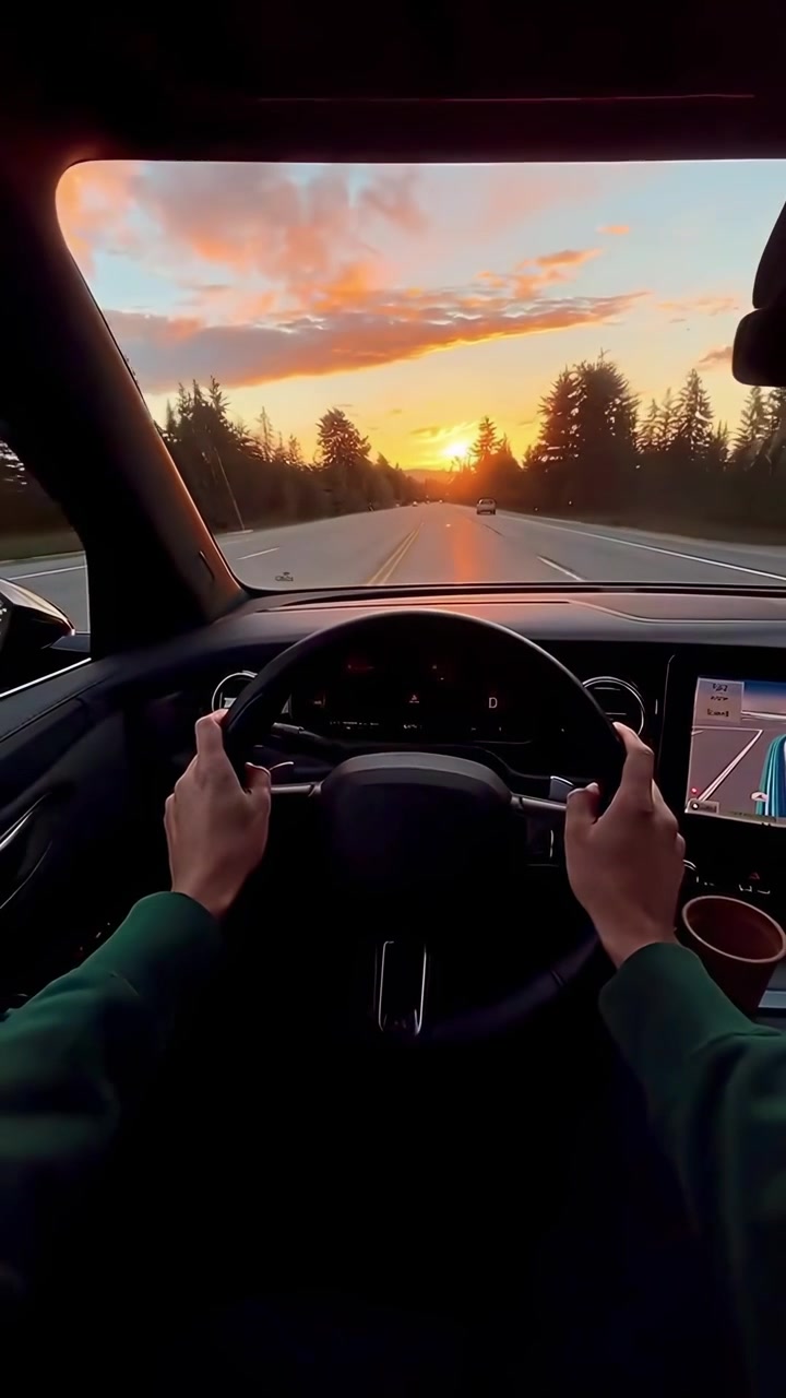 POV kjører bil på en naturskjønn motorvei ved solnedgang.